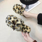 Women Slippers Fur Warm Winter Slipper Leopard Bow Furry Shoes Ins Kawaii Ladies Soft Winter Slide Plus Size 41