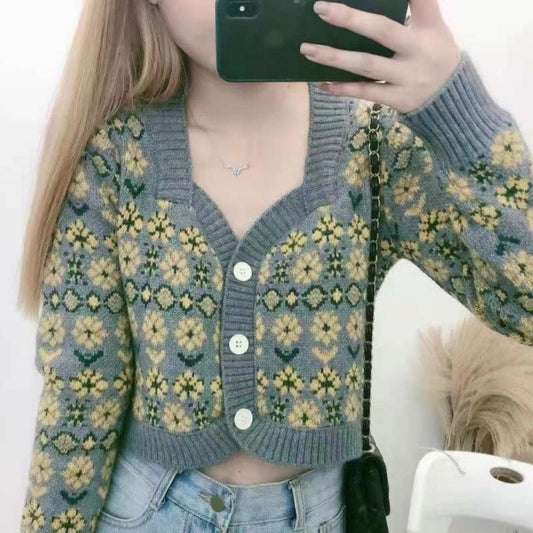 2021 New Autumn and Winter Women's French Temperament Square Neck Floral Retro Jacquard Knitted Cardigan Short Sweater Coat