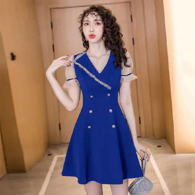 Women's Summer Dress Slim Solid Color V-neck A-line Skirt