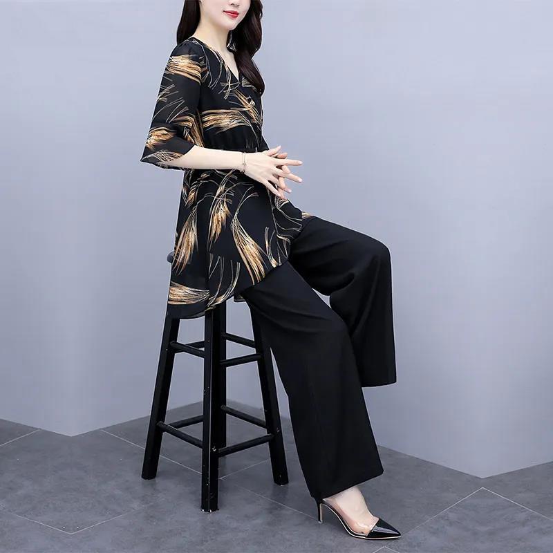 Printed Suit Women's Summer Chiffon Shirt Loose Belly Cover Wide-leg Pants Two-piece Long-sleeved Shirt + Loose Wide-leg Pants