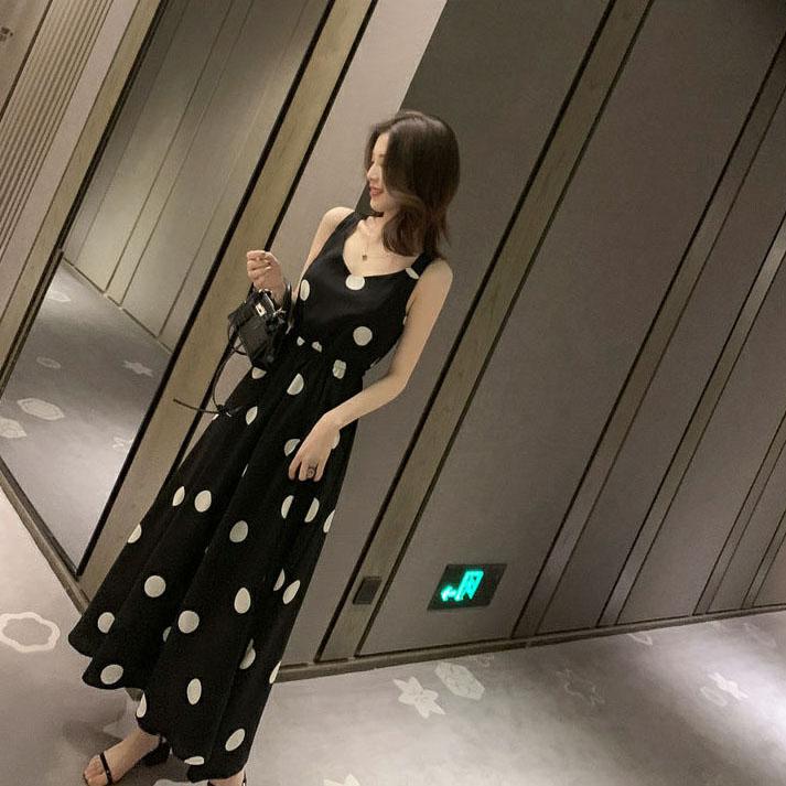 Polka Dot Suspender Dress Women's Summer Elegant Mid Length Open Back French Waist Chiffon Dress