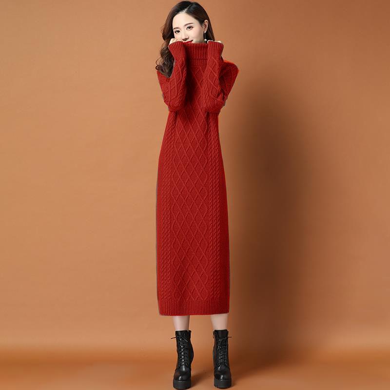 Long Outer Wear Sweater Skirt Over The Knee Autumn High-necked Pullover Rests Slimming with Coat Knitted Dress Women