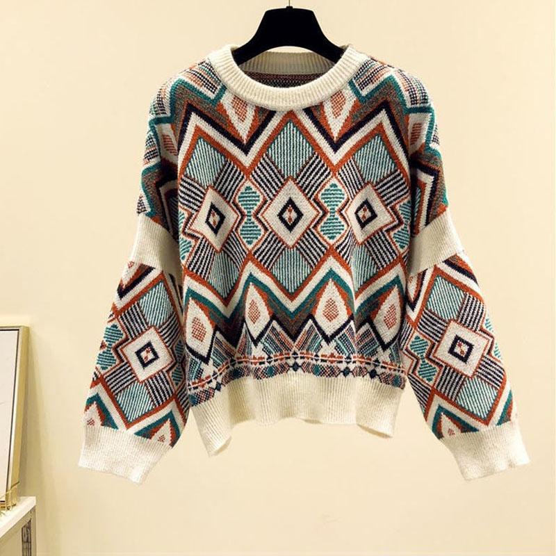 Sweater Women's Pullover Lazy Wind Loose Knitwear Korean Version Diamond Plaid Top Trending Cropped Sweater Spring and Autumn