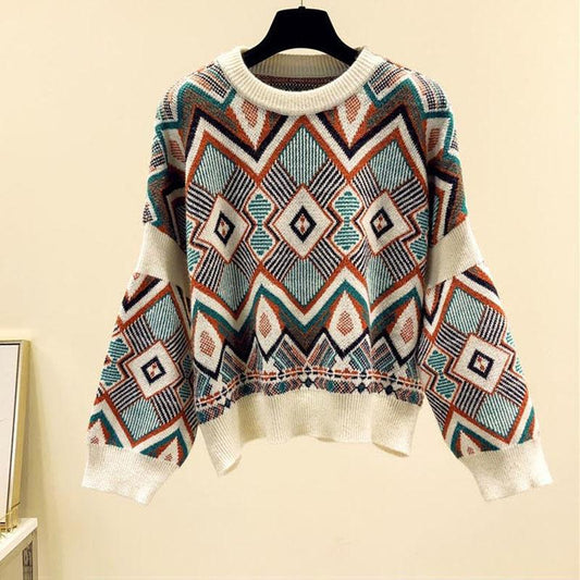 Sweater Women's Pullover Lazy Wind Loose Knitwear Korean Version Diamond Plaid Top Trending Cropped Sweater Spring and Autumn