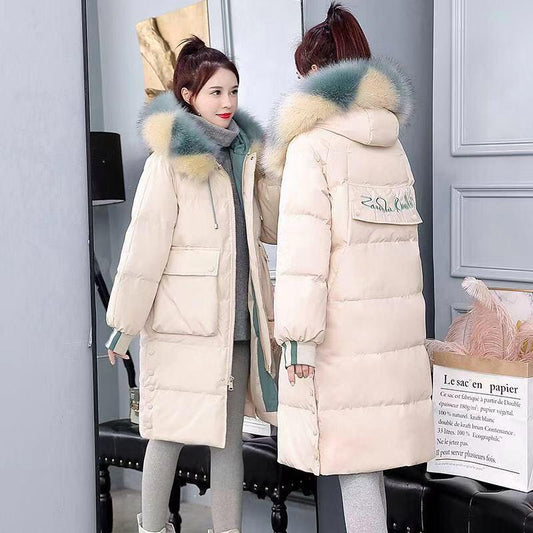 Winter Fluffy Big Fur Collar Hooded Cotton-padded Jacket Women's Mid-length Winter Down Padded Jacket Loose Warm Quilted Jacket