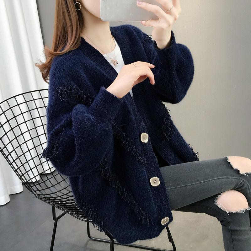 Mink Fleece Solid Color Sweater Coat Loose Knit Cardigan Top V-neck Long-sleeved Warm Sweater Coat Soft and Comfortable