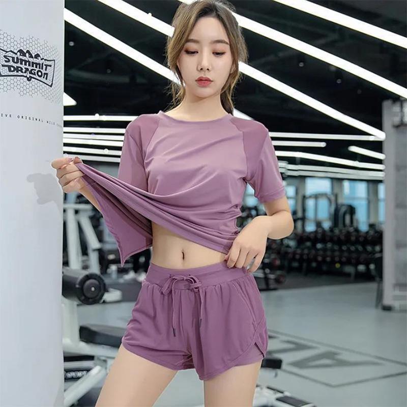 Yoga Clothing Solid Color Suit Quick-drying Short-sleeved Running Training Yoga Fitness Clothes Top Sports Suit Women
