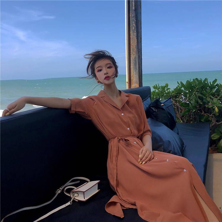 Casual Sashes A Line Women Dress Ladies Lapel Party Dress Summer Elegant Long Dress Shirt Dress