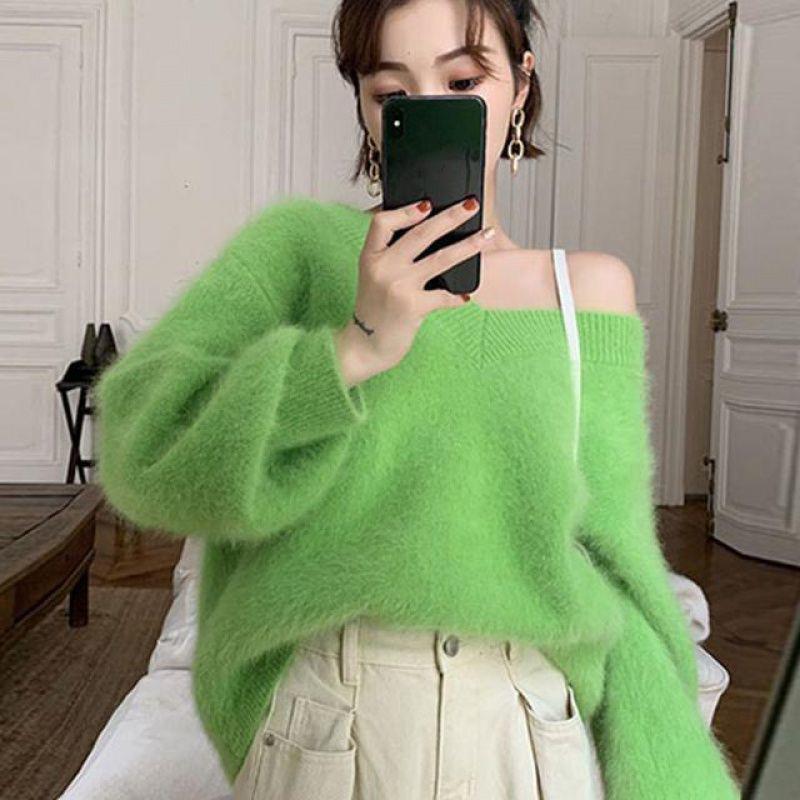 Autumn  Winter Mink Velvet Sweater Women Casual Loose One-word Neck Strapless Long-sleeved V-neck Outer Wear Sweater