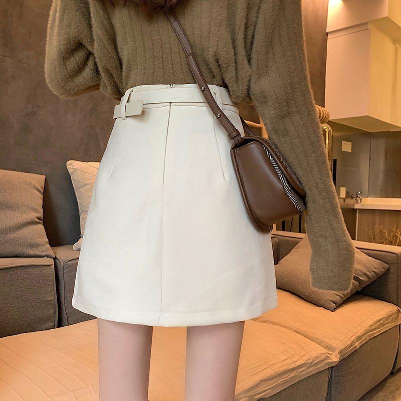 Woolen Cloth Women Sexy Tight A-line High Waist Hip Skirt Short Skirt Belt Split Fork Zipper Club Casual Home Office