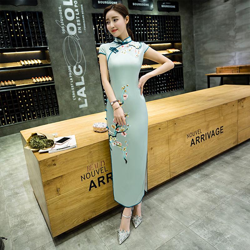 Chinese style large size slim split cheongsam woman summer long cheongsam skirt female dress
