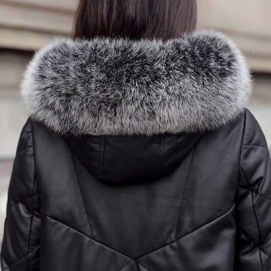 Winter Mid-length PU Leather Leather Coat Imitation Fox Fur Collar Loose Thick Fur Fashion Hooded Down Cotton Leather Coat for Women