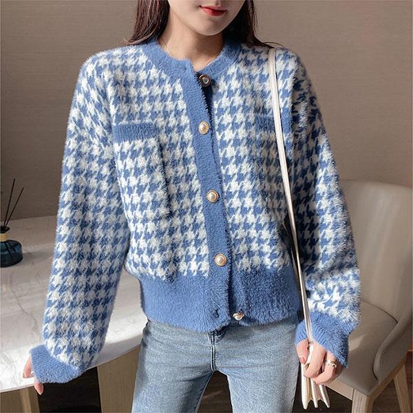 Top Women's Autumn Small Fragrant Wind Sweater Cardigan Jacket Short Plaid Mink Fleece Sweater