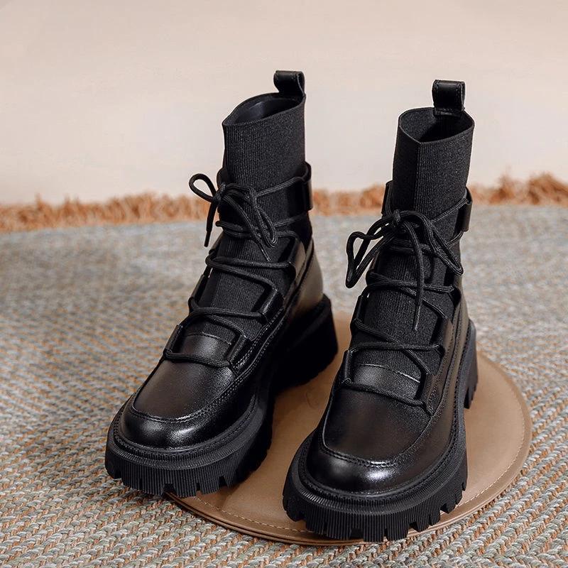 Autumn Winter Women's Boots Black White Ankle Boots Knit PU Leather Short Booties Woman Fall Shoes Punk Goth Shoes