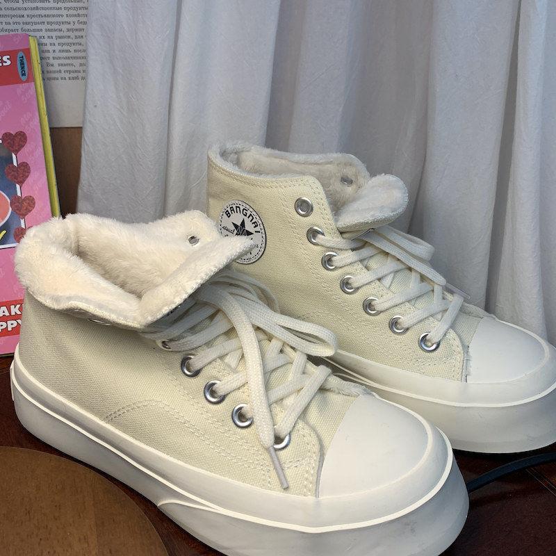 Round-toe Korean Cute Big-toe Cotton Shoes High-top Shoes Women Canvas Plus Velvet Thickening Heightening Platform Shoes