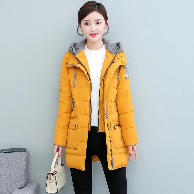 Mid-length White Duck Down Jacket Women Fashion Self-cultivation Knit Hat Fake Two-piece Winter Jacket