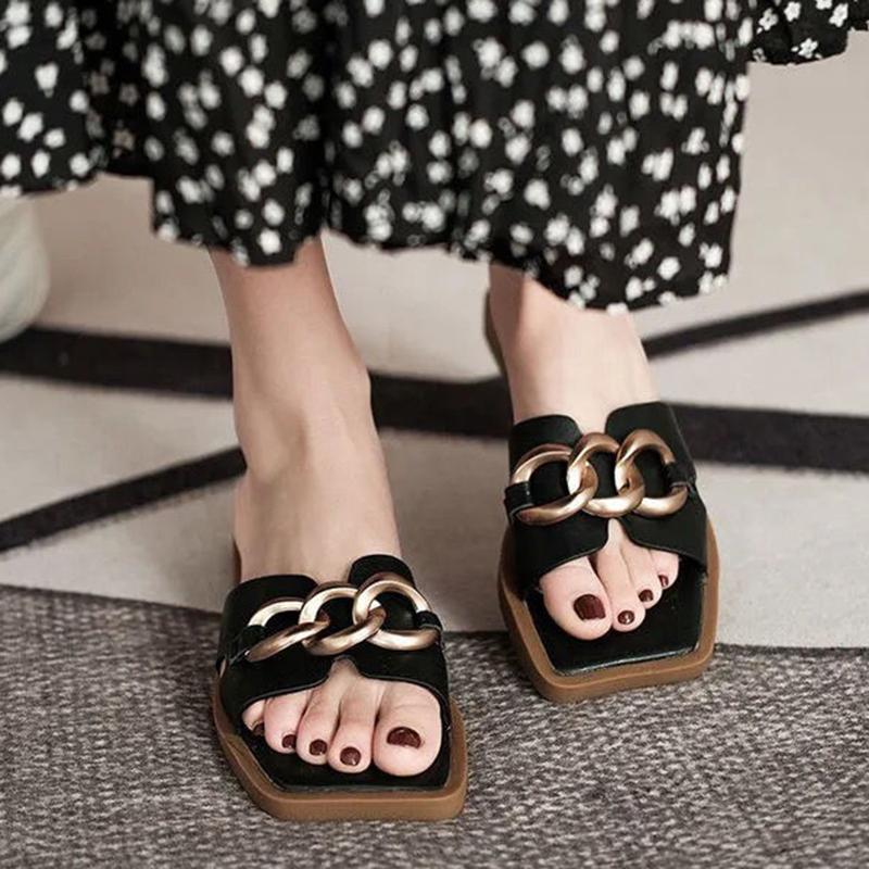 Full-leather Metal Buckle Open-toe Sandals and Slippers Women's Summer Square Head Flat-bottomed Fashion Half Slippers