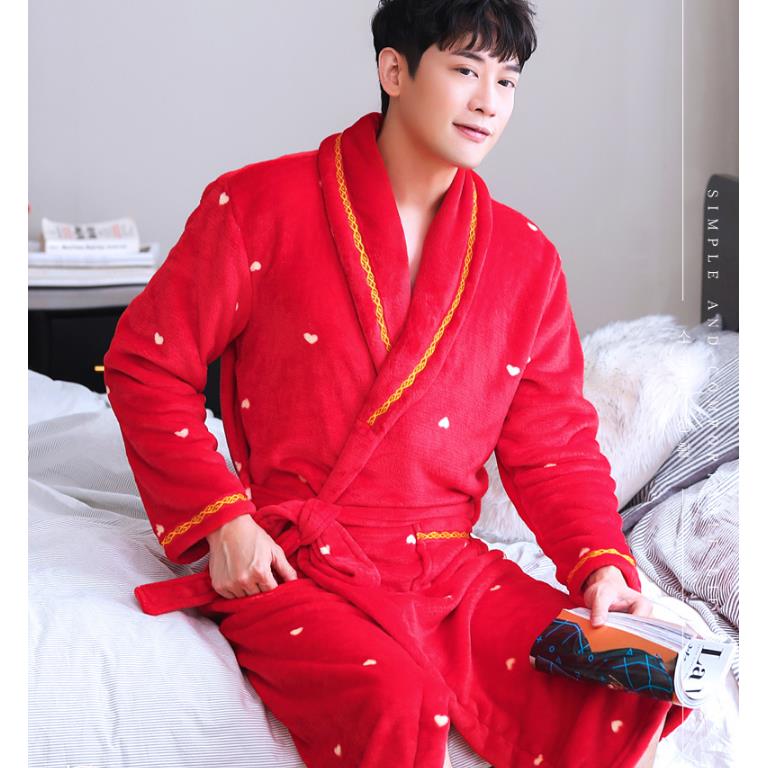 Large Size Lapel Robe Coat Love Print Pajamas Men Home Clothes Ladies Absorbent Quick-drying  Bathrobe Long