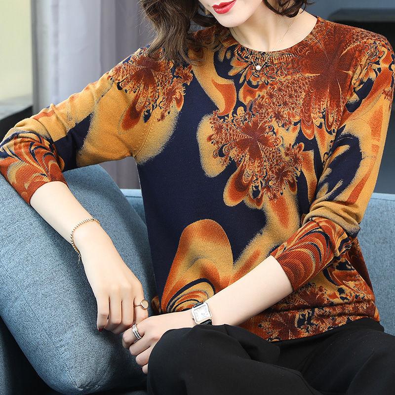 Women's Printed Knit Sweater High-end Cashmere Sweater Round Neck Ethnic Base Sweater Plus Size Warm Pullover Jumper