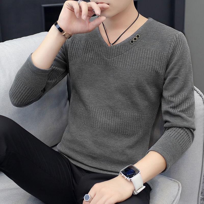 Men's Long-sleeved T-shirt Winter Warm Solid Color Bottoming Shirt Men's Knitted V-neck Outer Top