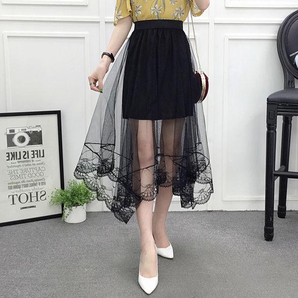 Women High Waist Scalloped Lace Trim Midi Long Skirt Lined Solid Color Irregular Hem Pleated Double Layer Sheer Mesh Skirt