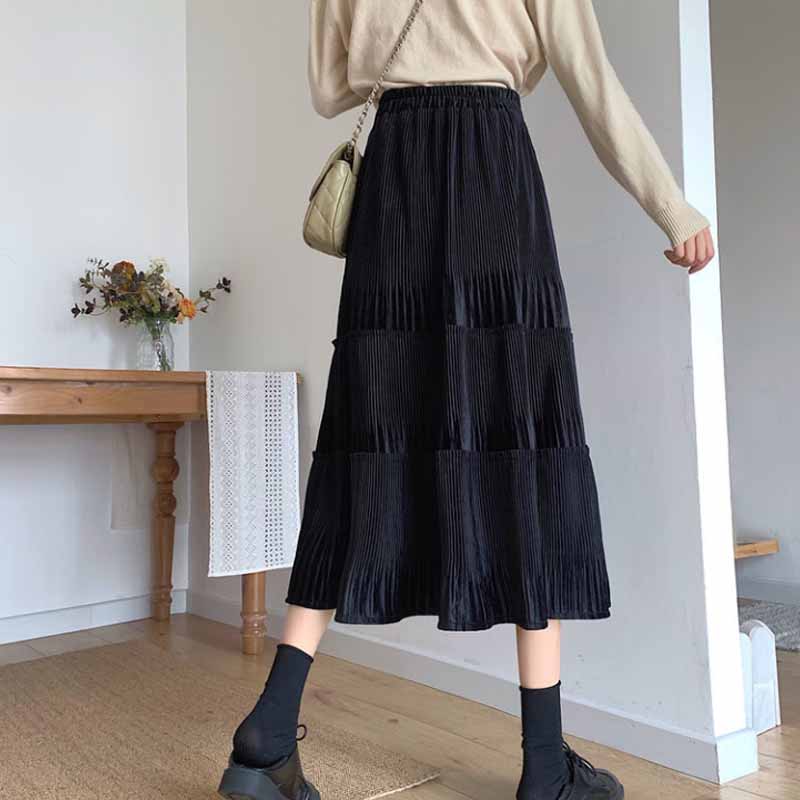 High Waist Gold Velvet Pleated Skirt Mid-length Long Skirt Solid Color All-match Skirt Autumn and Winter Female A-line Skirt