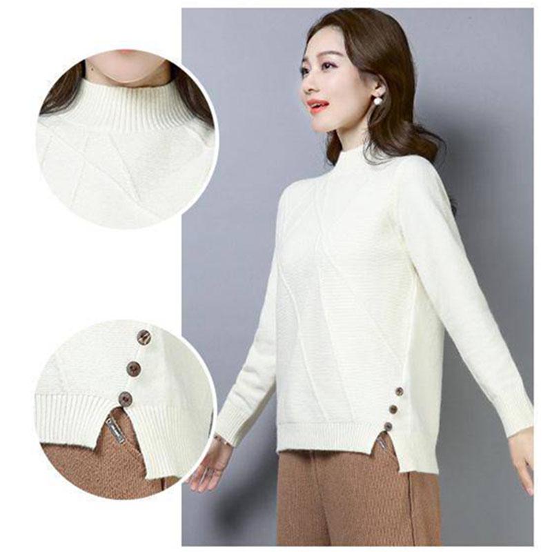 Women Half turtleneck Sweater Pullover Long Sleeve chic female loose Knitted Sweaters with buttons