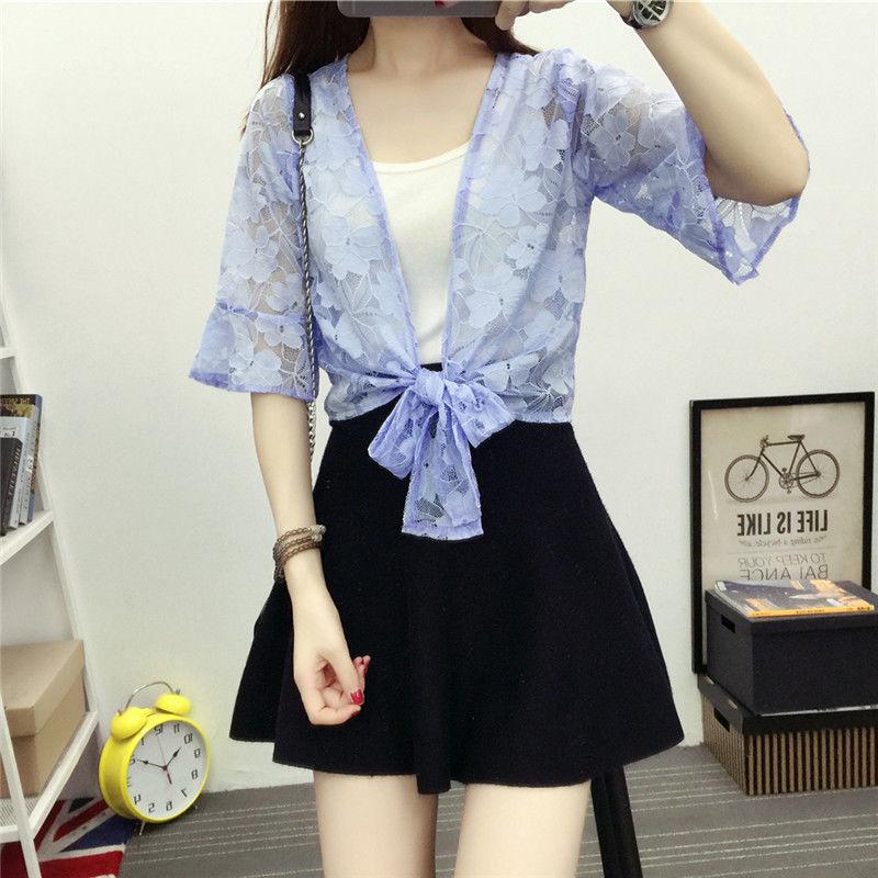 Summer Beach Sun Protection 1 PCS Lace Cardigan Women Short Thin Shawl White Flower Pattern 5colors Solid Color