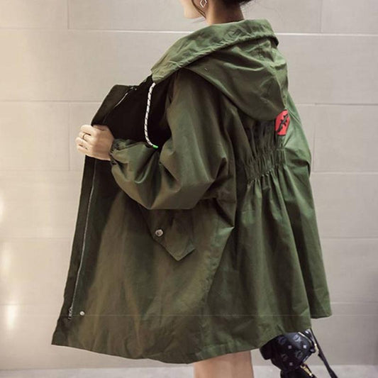 Large Size Women Jacket Spring Hooded Coat Solid Color Casual Loose Windbreaker Boutique Parka Mid-length