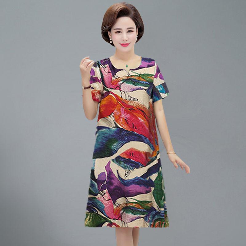 Women Summer L-XXXXXL Plus Size Mid-length Printed Dress Short Sleeve A-line knee-length