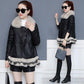 Women's Leather Coat with  Faux Fur Collar Mid-length Autumn and Winter Slim Thickening Artificial Leather Jacket with Lace Female Outerwear