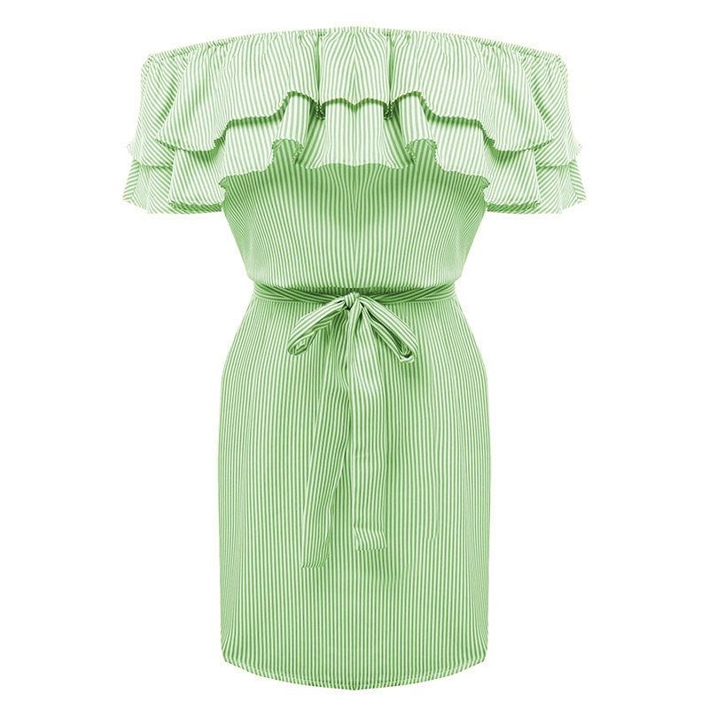 Large Size Women's Summer Dress One-shoulder Fashion Ruffled Striped Loose Waist Dress Casual Strapless