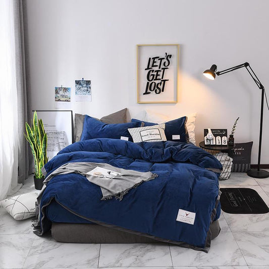Cotton solid color wool fabric bedding set quilt cover sheet set pillowcase home four-piece