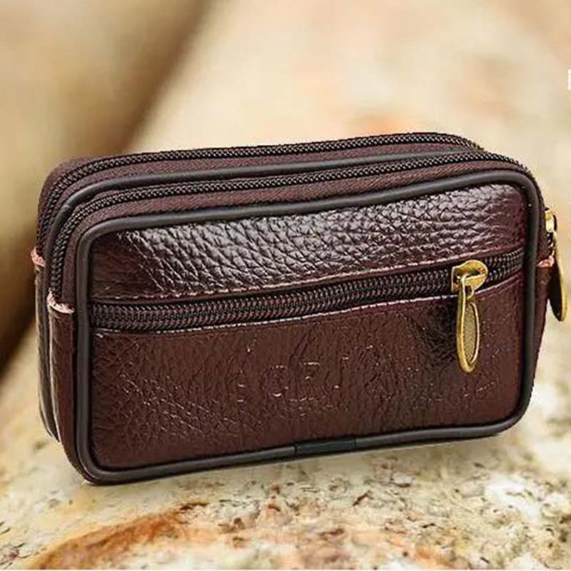 Men's Leather Horizontal Pockets Mobile Phone Waist Bag Wearing Belt Double Mobile Phone Purse Convenient Small Bag