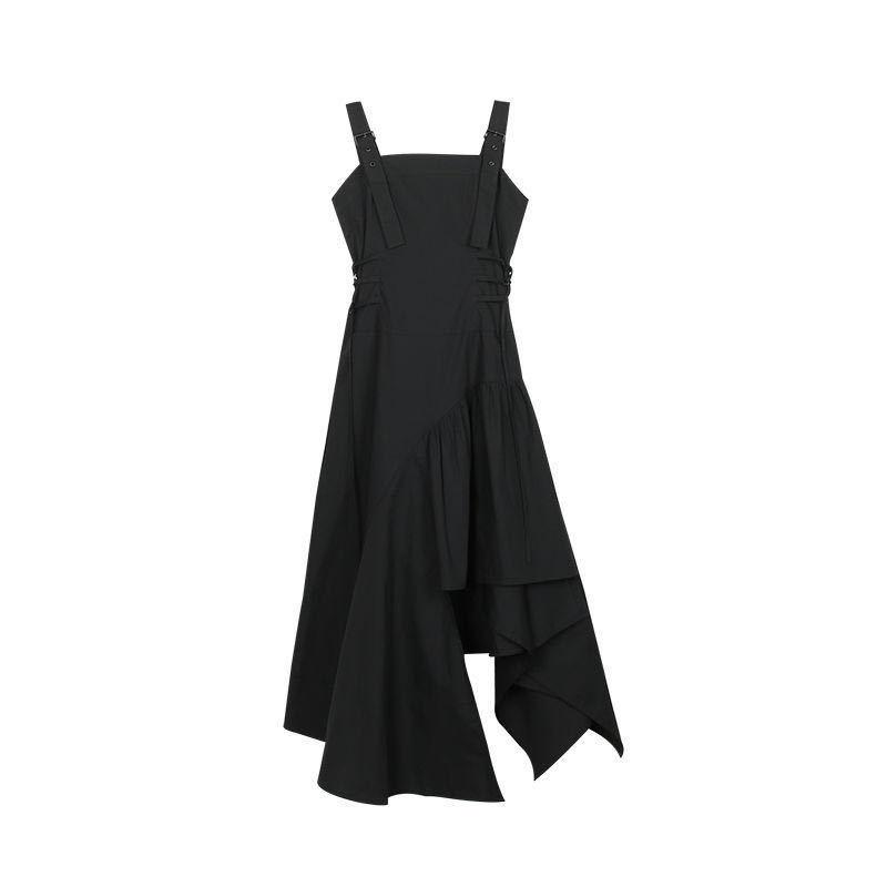 Spring Summer Korean Retro Sexy Sleeveless Sling Dress Black Irregular Dress Female Split Long Skirt