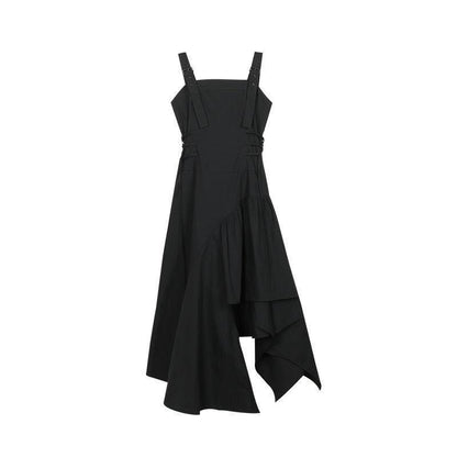 Spring Summer Korean Retro Sexy Sleeveless Sling Dress Black Irregular Dress Female Split Long Skirt