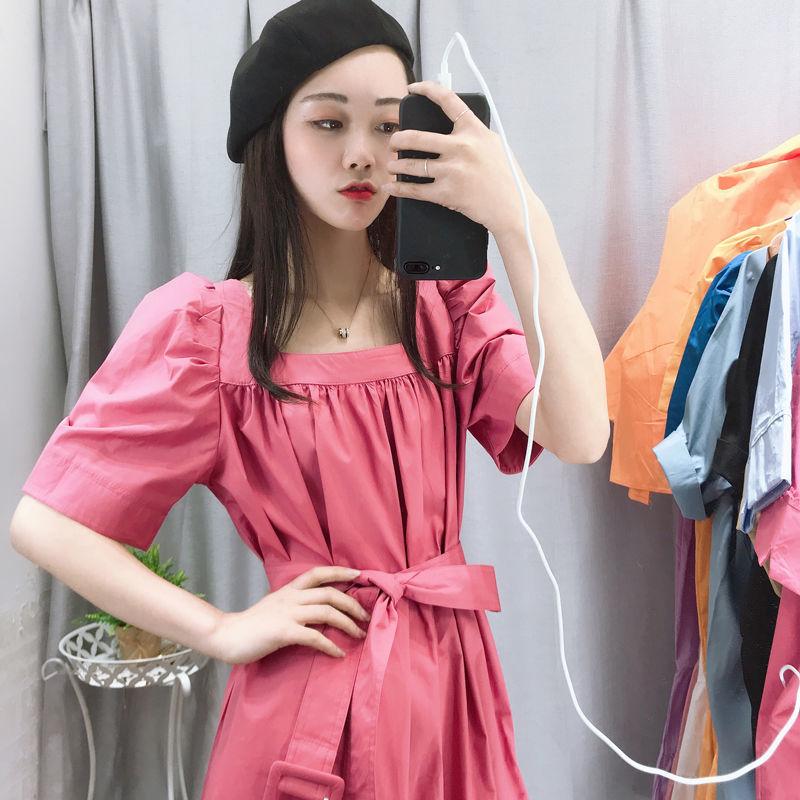 Square Collar Dress Female Summer Retro Puff Sleeve Temperament Was Thin Loose Mid-length Skirt Retro Princess Style Dress