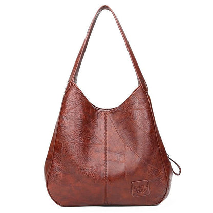 Vintage PU Leather Soft Leather All-match Tote Bag Simple One-shoulder Handbag Multi-layer Casual Lady Messenger Bag