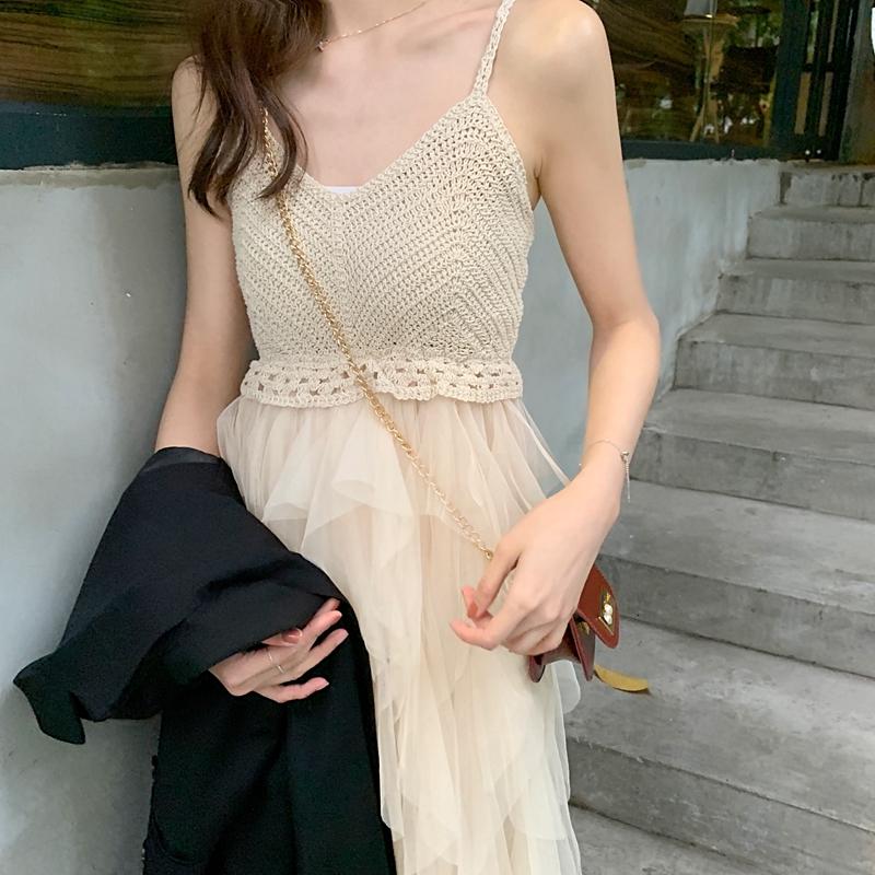 Women  Sleeveless Knitted Dress Summer Lace Party Dress Casual Sling Beach Dress