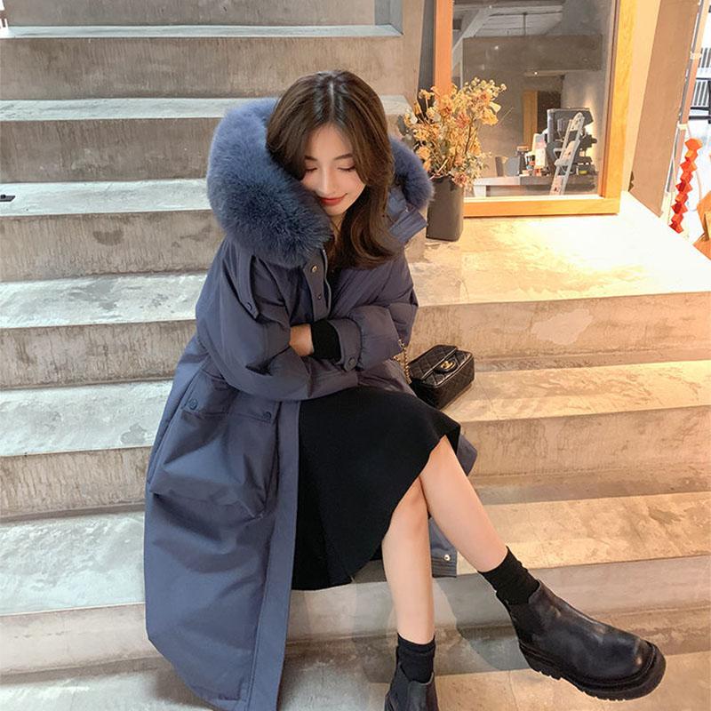 Duck Down Down Jacket Women's Mid-length 2021 Winter New Style Big Fur Collar Korean Style Over-the-knee Fashion Jacket