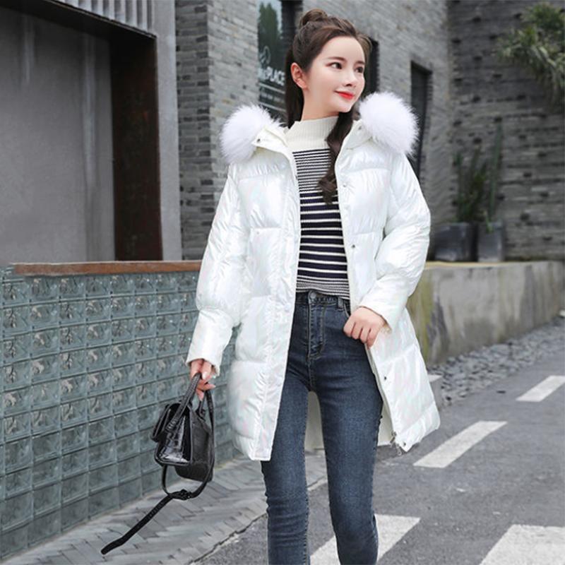 Women's Bright Face Hooded Down Jacket Mid-length Korean Loose Thick Coat Warm Cotton Coat Large Wool Collar Winter Quilted Coat