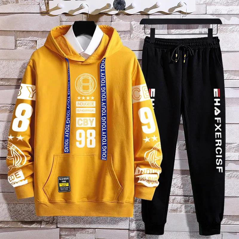 WTEMPO Spring & Fall Trend Pullover Suit Men Sports Suit Hooded Sweater and Casual Pants Campus Clothing