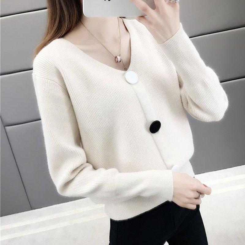 Spring and Autumn V-neck Low-neck Sweater Pullover with Short Bottoming Shirt Casual All-match Female Top