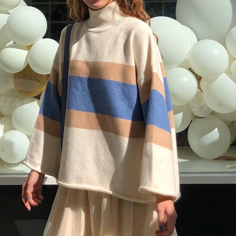 Thick Color-matching Turtleneck Female Autumn Winter Striped Bottoming Sweater Loose Top