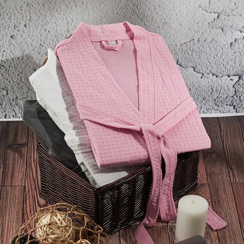 Women's Yukata Pajamas Robe Spring Autumn Loose Waffle Solid Color Bathrobe Long Sleeves Robe Sleeping Robes with Belt