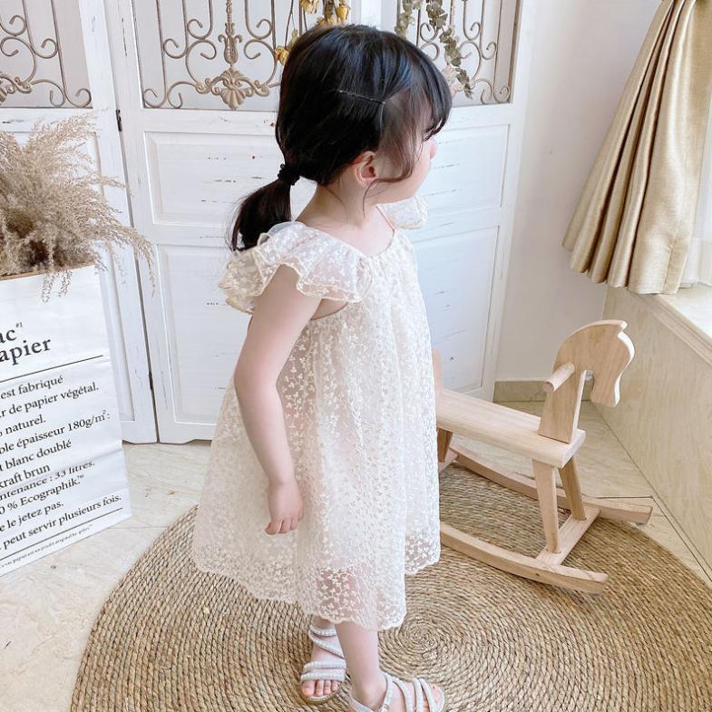 Children's Dress Summer Girl's Ruffle Sleeveless Dress Children's Princess Dress Embroidered Leaf Lace Dress
