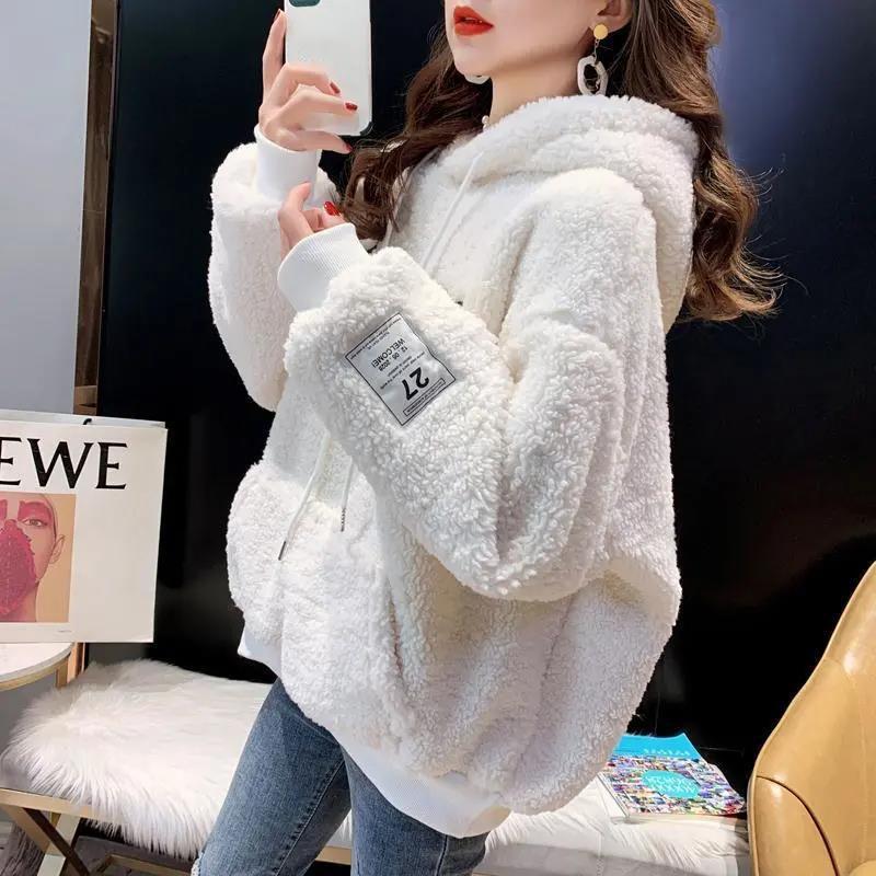 Autumn and Winter 2021 Plus Velvet Thick Loose Hooded Pullover Faux Lamb Wool Sweater Women Mid-length Top