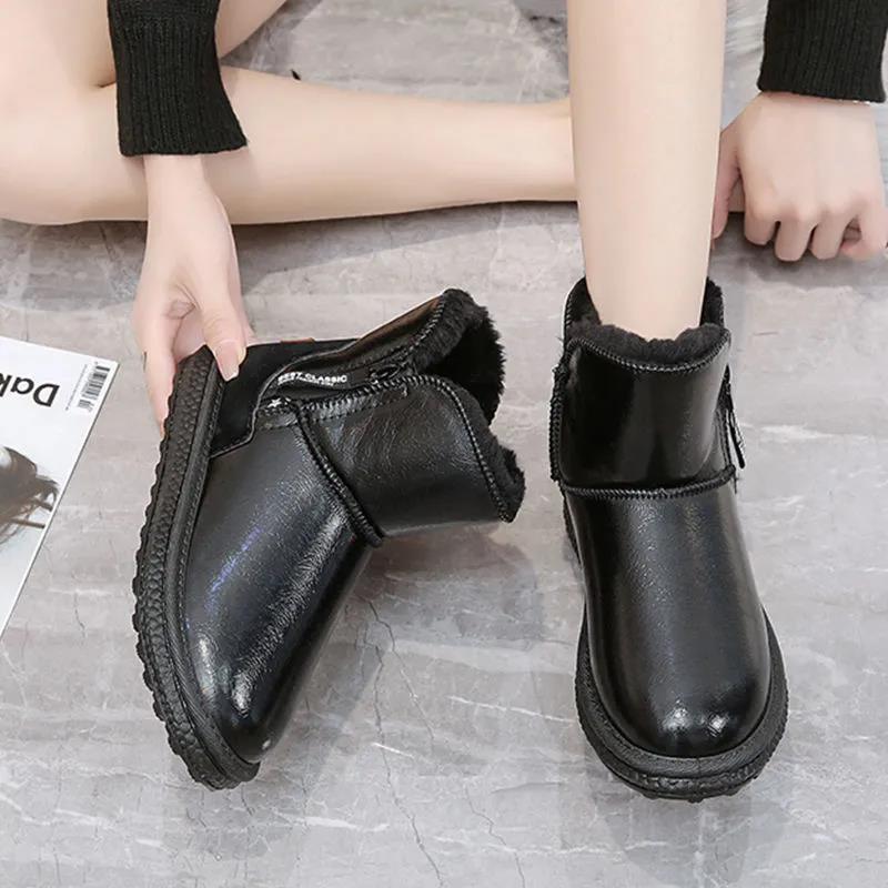 Leather Snow Boots Women Winter Short Tube Shoes Waterproof Non-slip Short Boots Plus Velvet Thick Outdoor Cotton Shoes