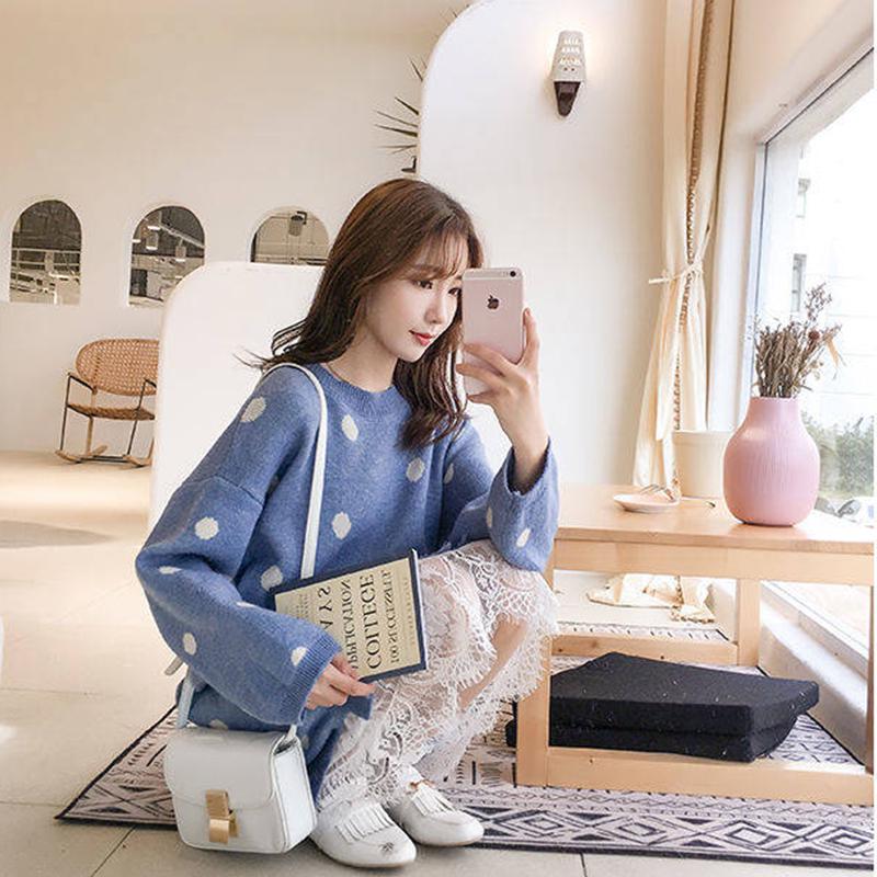 Pofulove Women Loose White Dot Sweater Dress Girly Long Section O-neck Lace Knitted Skirt Pullover