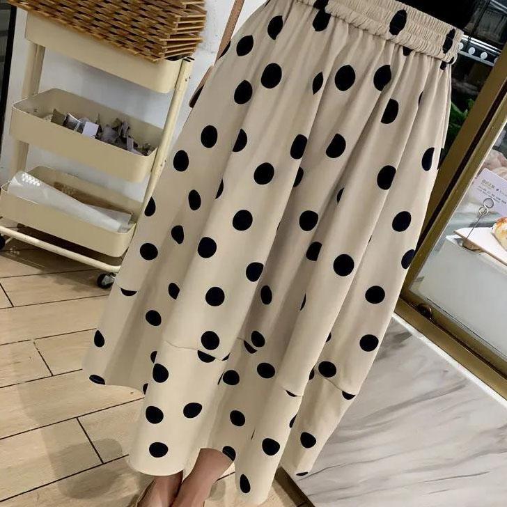 Women Summer Elegant 2 pieces set Short Slim Solid Short Sleeve T-shirt Vintage Pleated Dot Stitched Long Skirt